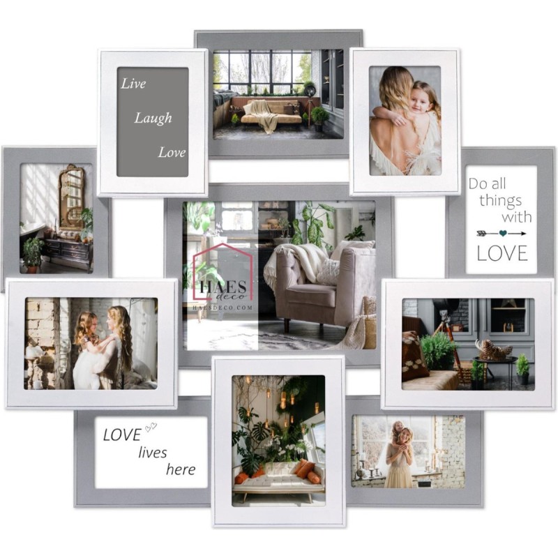 Haes Deco Houten Galerie / multi fotolijst Valence in de kleuren grijs en wit voor foto 20x25, 4 foto's 13x18 en 6 foto's 10x15 (formaat 69x63 cm) - M