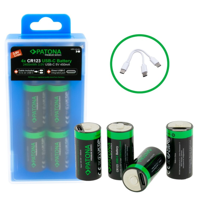 Set van 4 x CR123 oplaadbare batterijen, met USB-C aansluiting - Lithium Ion - 800mAh