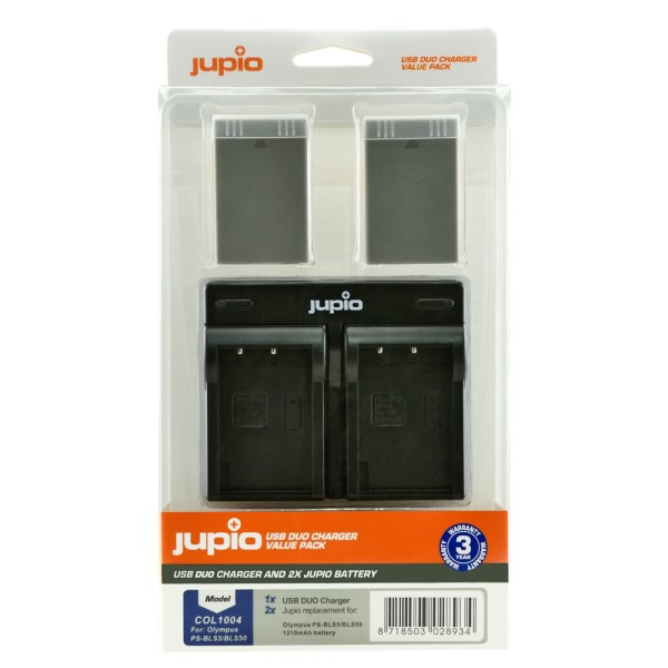 Jupio kit : 2 batteries d'appareil photo BLS-5 / PS-BLS50 1210mAh + chargeur USB double