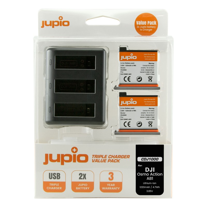 Jupio Kit 2 x accu DJI Osmo Action AB1 1220mAh + Compacte USB Triple lader