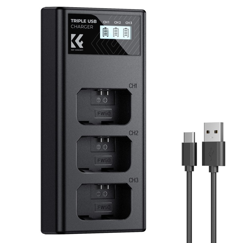 K&F Concept NP-FW50 Triple batterij-oplader USB-C display