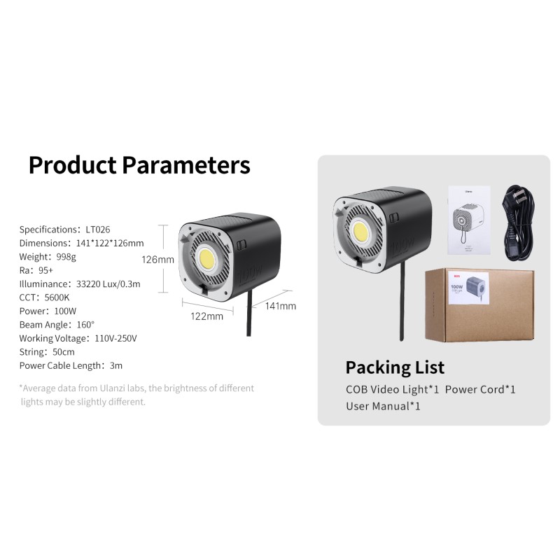 Ulanzi LT026 100W Bicolor COB Video Light met magnetic knob