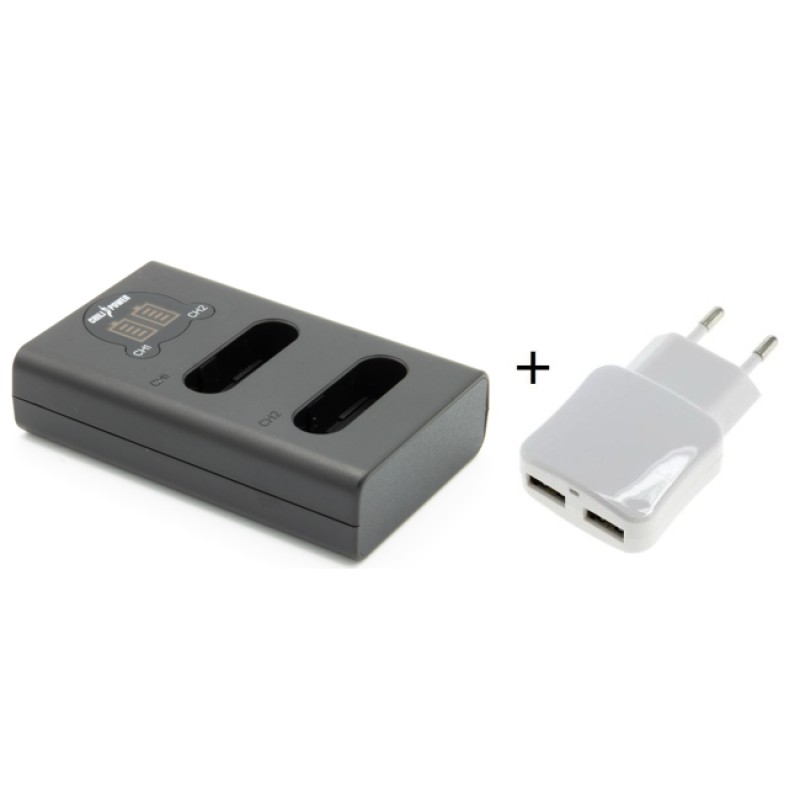 Duo lader voor 2 camera accu's Nikon EN-EL23 + handige 2 poorts USB 230V adapter