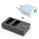 Chargeur double pour 2 batteries d'appareil photo compatibles avec Fujifilm NP-W126 + adaptateur USB 230V pratique à 2 ports