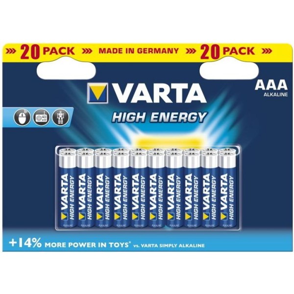20 x piles AAA Varta alkaline LongLife Power - haute performance pour appareils gourmands en énergie