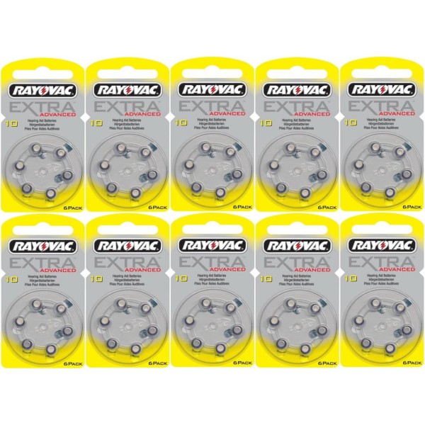 Rayovac piles auditives type 10 jaune - pack économique de 60 piles (10x6)