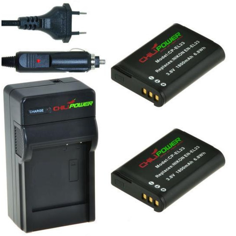 2 camera-accu's EN-EL23 inclusief oplader en autolader - Origineel ChiliPower