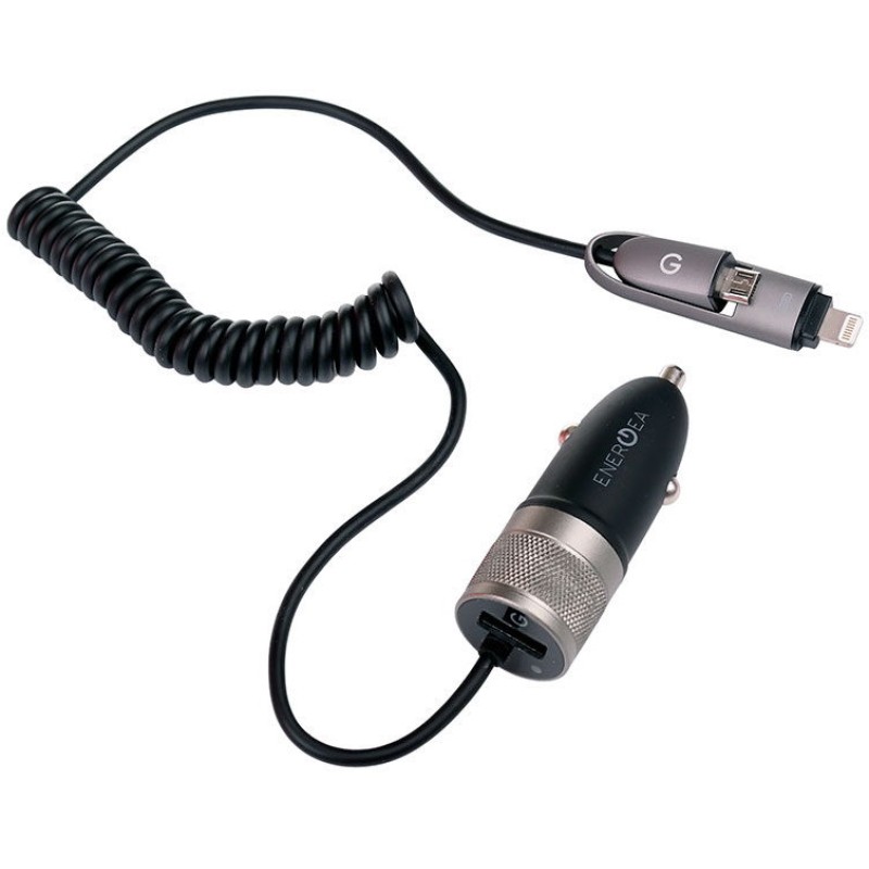 Energea autolader met een USB, Apple Lightning Ã©n microUSB aansluiting