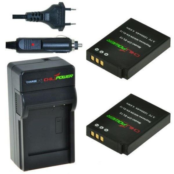2 x batteries EN-EL12 pour Nikon avec chargeur et chargeur auto - ChiliPower