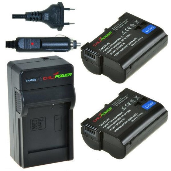 2 x batteries EN-EL15 pour Nikon avec chargeur et chargeur voiture - ChiliPower original