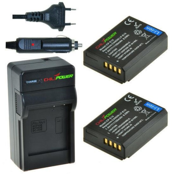 2 batteries LP-E10 pour Canon avec chargeur et chargeur voiture - ChiliPower original