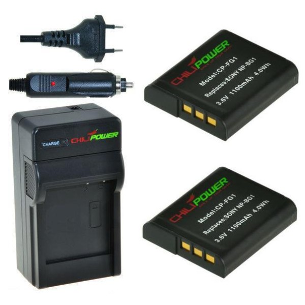 2 batteries NP-FG1 / NP-BG1 pour Sony avec chargeur et chargeur voiture - ChiliPower original