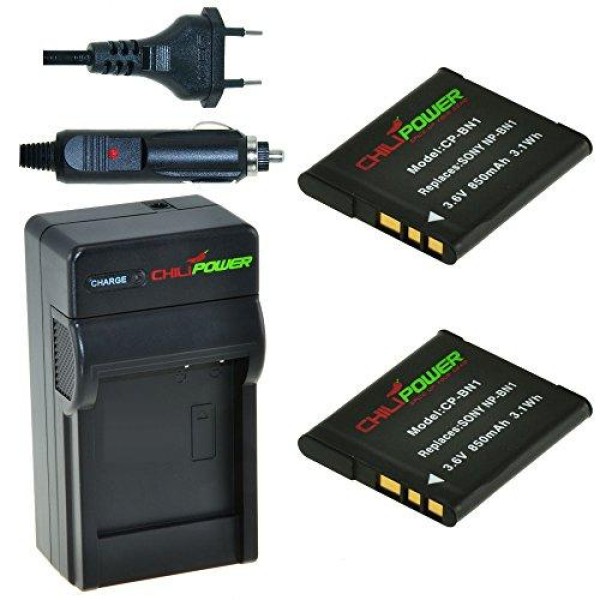 2 batteries NP-BN1 pour Sony avec chargeur et adaptateur voiture - ChiliPower original