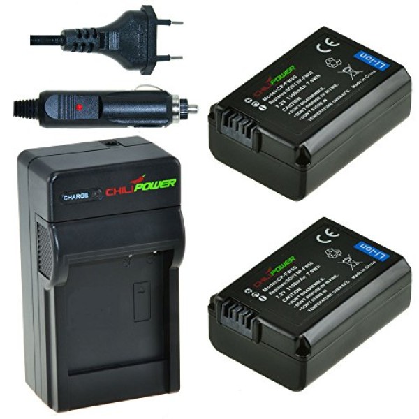 2 x batteries NP-FW50 pour Sony avec chargeur et chargeur voiture - ChiliPower original