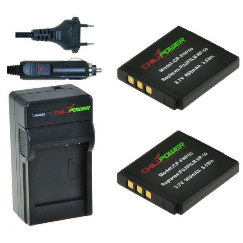 2 x NP-50 accu's voor Fujifilm - inclusief oplader en autolader - Origineel ChiliPower