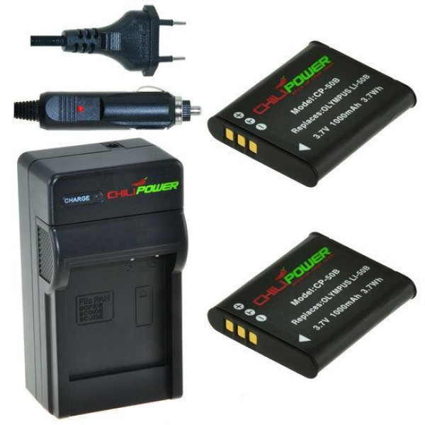 2 batteries Li-50B pour Olympus - avec chargeur et adaptateur voiture - ChiliPower original
