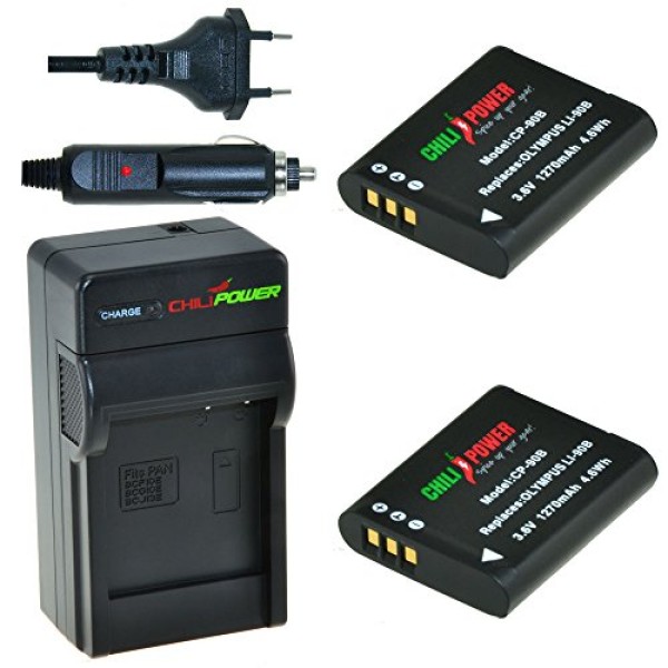 2 batteries Li-90B pour Olympus avec chargeur et adaptateur allume-cigare - ChiliPower original