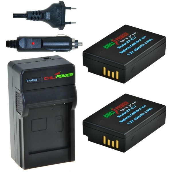 2 x batteries LP-E17 pour Canon avec chargeur et adaptateur voiture ChiliPower original