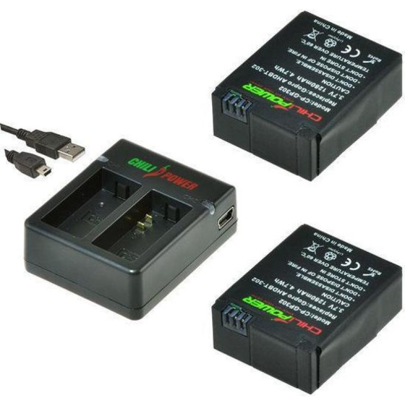 2 x AHDBT-302 accu's voor GoPro Hero3 en Hero3+ inclusief USB duo lader