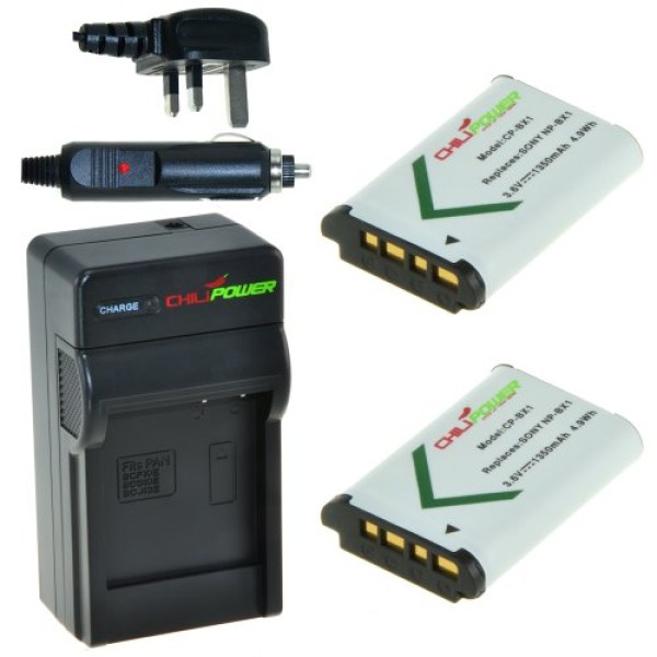 ChiliPower 2 x NP-BX1 batteries pour Sony - kit chargeur + chargeur voiture - version UK