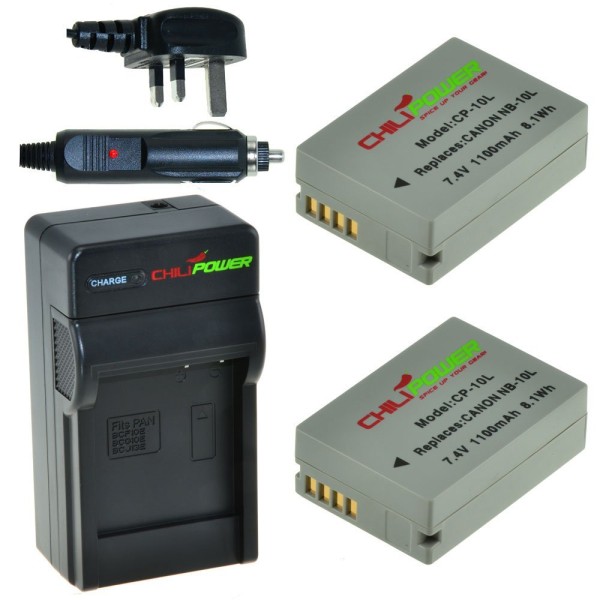 ChiliPower 2 x NB-10L batteries pour Canon - kit chargeur + chargeur voiture - version UK