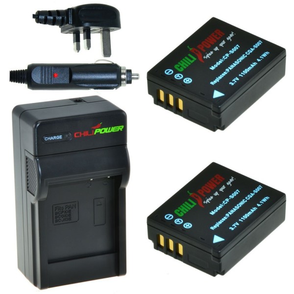 ChiliPower 2 x CGA-S007 batteries pour Panasonic - kit chargeur + chargeur voiture - version UK