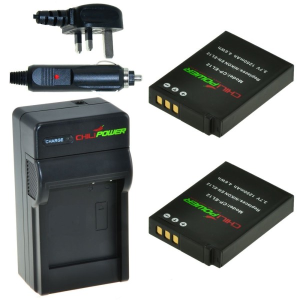 ChiliPower 2 x EN-EL12 batteries pour Nikon - kit chargeur + chargeur voiture - version UK
