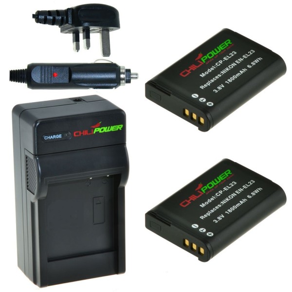 ChiliPower 2 x EN-EL23 batteries pour Nikon - kit chargeur + chargeur voiture - version UK