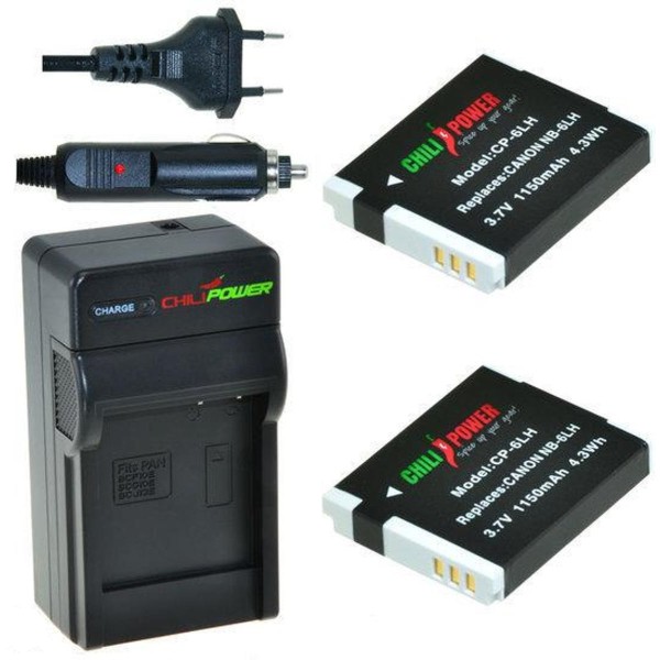 2 batteries NB-6LH pour Canon avec chargeur et chargeur auto - ChiliPower original