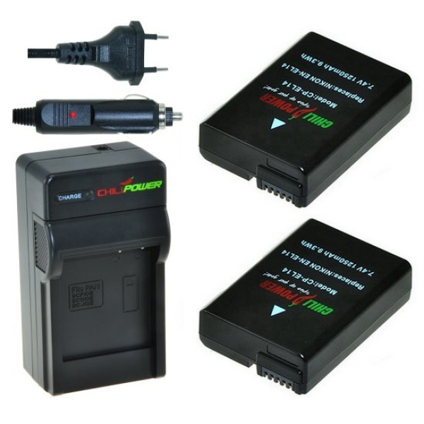 2 x batteries EN-EL14 pour Nikon - avec chargeur et chargeur voiture - ChiliPower Original
