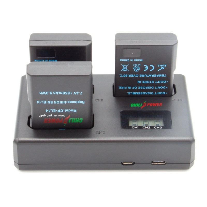 ChiliPower Nikon Accu EN-EL14 Kit Deluxe - 3 accu's + Triple lader, voor het laden van 3 accu's