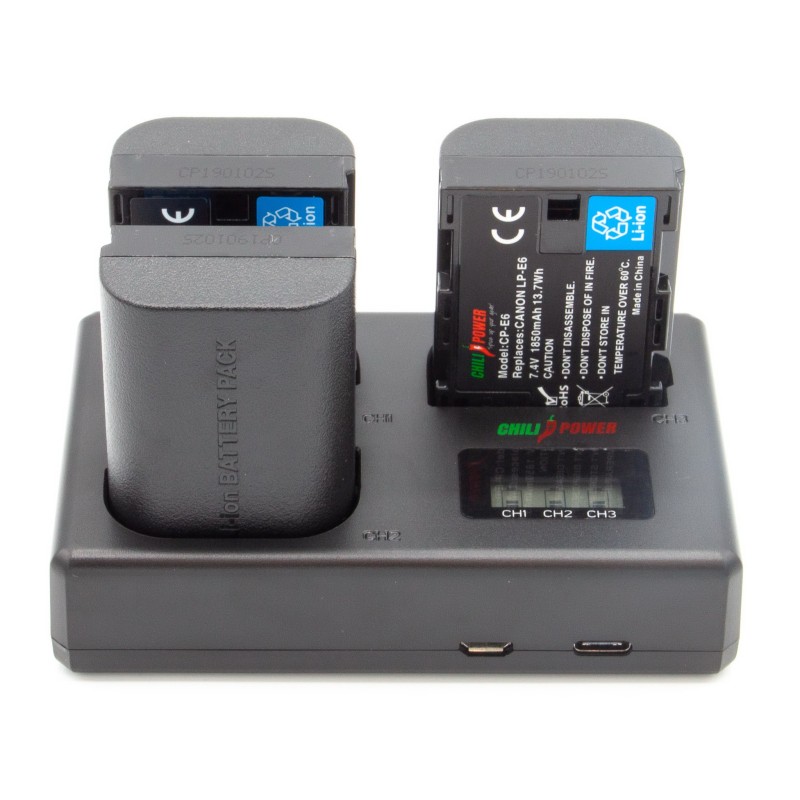 ChiliPower Canon Accu LP-E6 Kit Deluxe - 3 accu's + Triple lader, voor het laden van 3 accu's