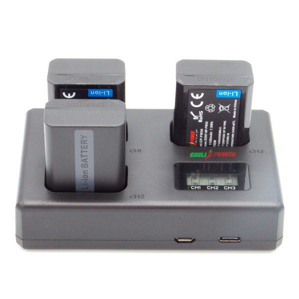 ChiliPower Sony NP-FW50 kit deluxe - 3 batteries + chargeur triple pour charger 3 batteries