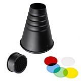 StudioKing Snoot conique SK-CS25 pour flash de studio avec nid d'abeille et filtres couleur