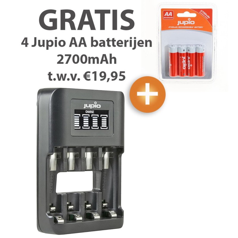 Jupio USB 4-slots UltraFast AA/AAA batterijlader + gratis Jupio 4-pack 2700mAh AA batterijen