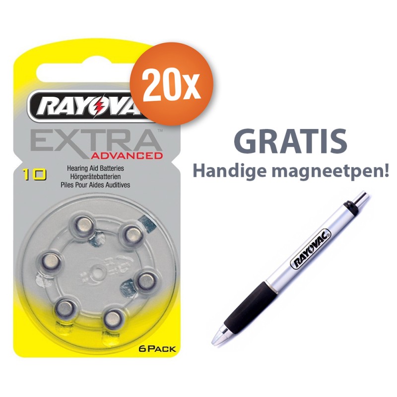 Voordeelpak Rayovac gehoorapparaat batterijen - Type 10 (geel) - 20 x 6 stuks + gratis magnetische batterijpen