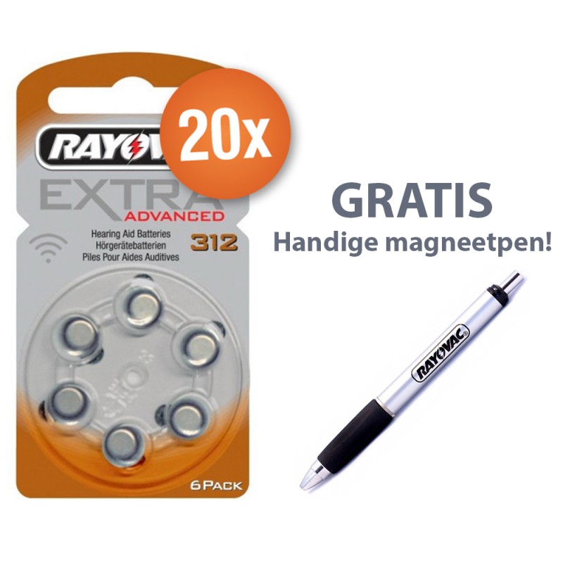 Voordeelpak Rayovac gehoorapparaat batterijen - Type 312 (bruin) - 20 x 6 stuks + gratis magnetische batterijpen