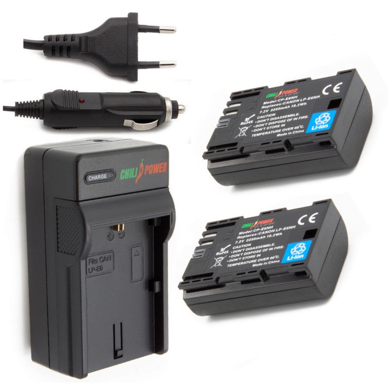 2 x LP-E6NH accu's voor Canon - inclusief oplader en autolader