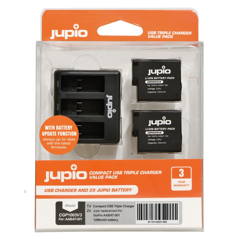Jupio Kit 2 x accu GoPro Hero5, Hero6, Hero7, Hero8 + compacte Triple oplader