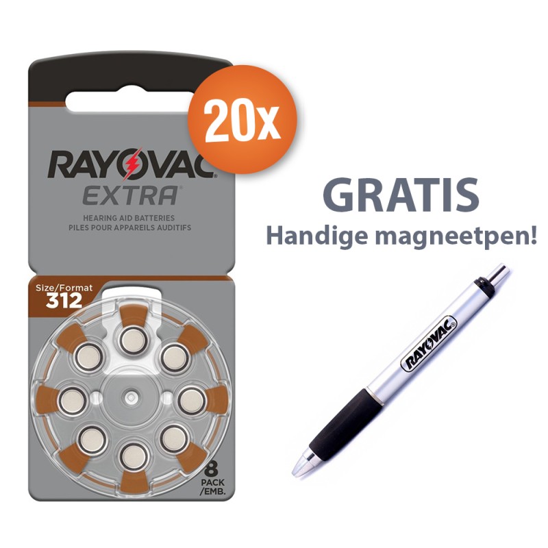 Voordeelpak Rayovac gehoorapparaat batterijen - Type 312 (bruin) - 20 x 8 stuks + gratis magnetische batterijpen